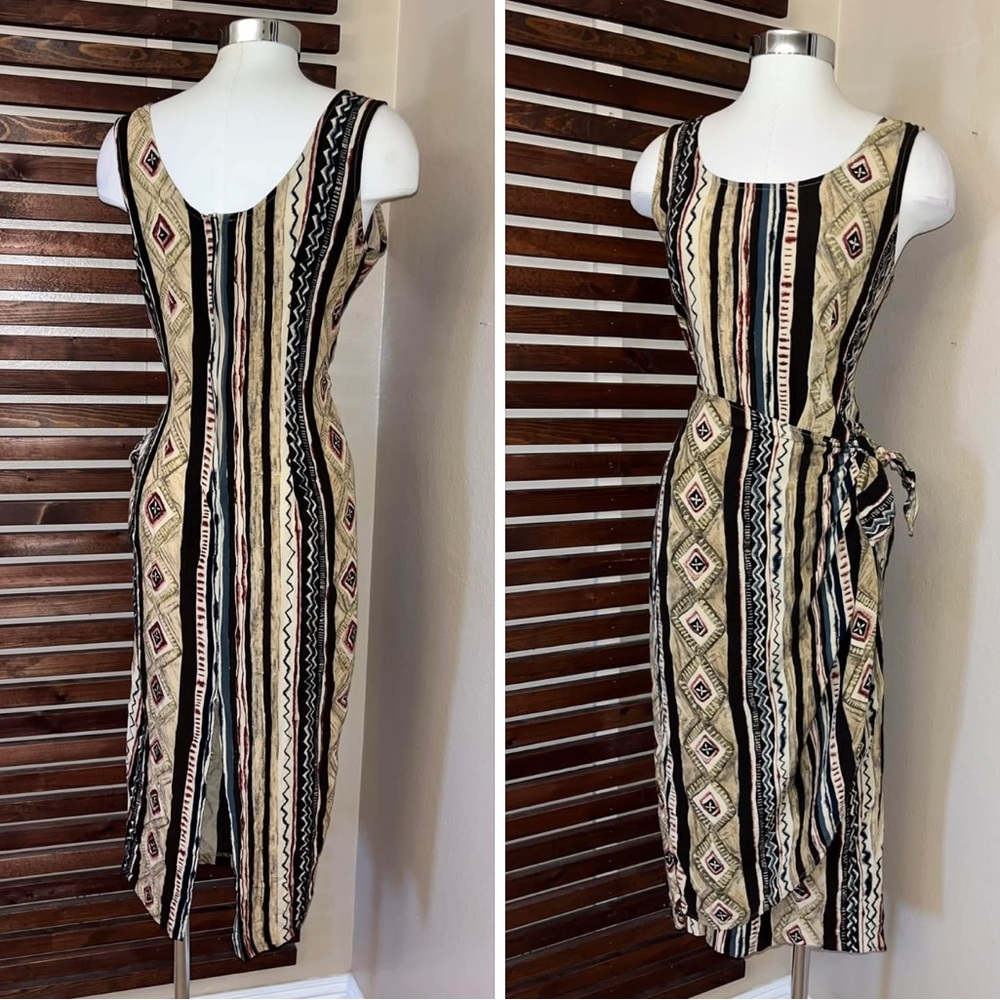 1990s Meghan Matthews Vintage Black Red Green Blue Tan Wrap Tie Waist Dress